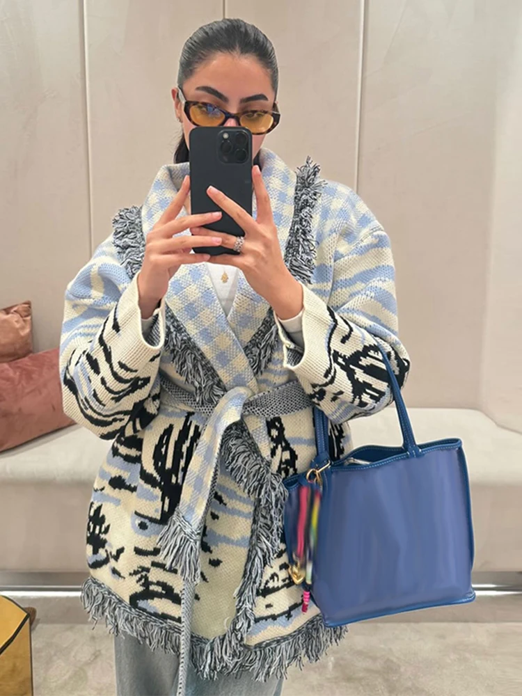 Tassel Fringe Trim - Baskılı Örgü Püsküllü Hırka Kadınlar İçin